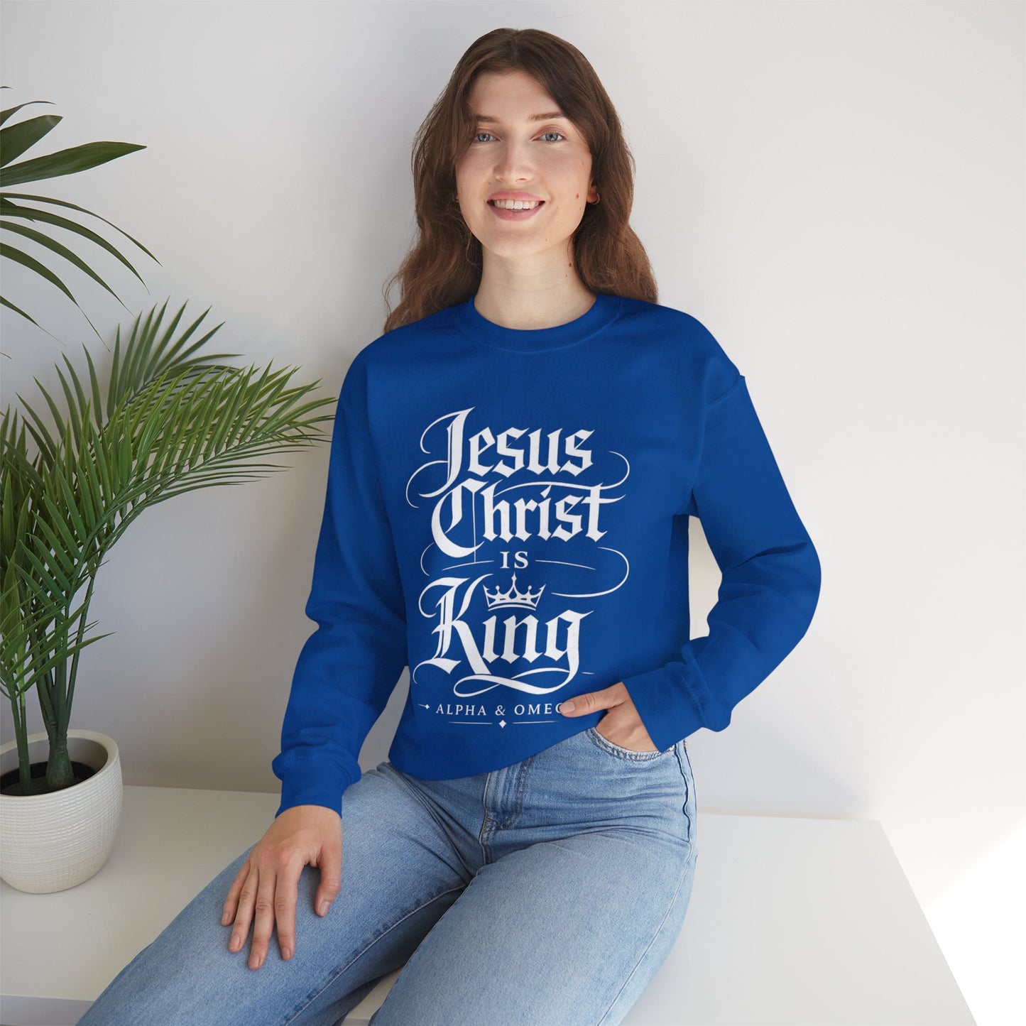 Jesus Christ Is King Crewneck Sweatshirt — Christian Faith Graphic Pullover (Alpha & Omega)