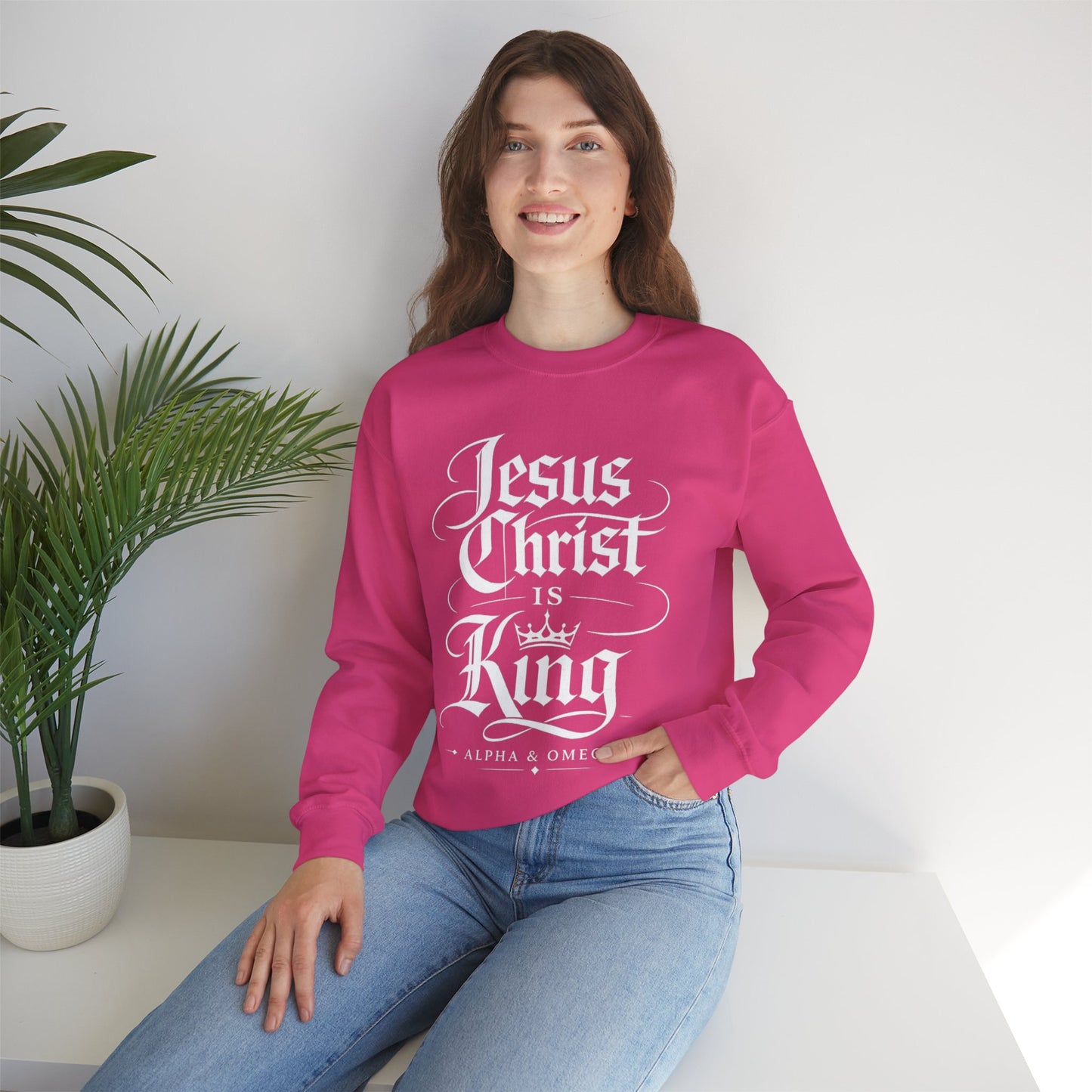 Jesus Christ Is King Crewneck Sweatshirt — Christian Faith Graphic Pullover (Alpha & Omega)