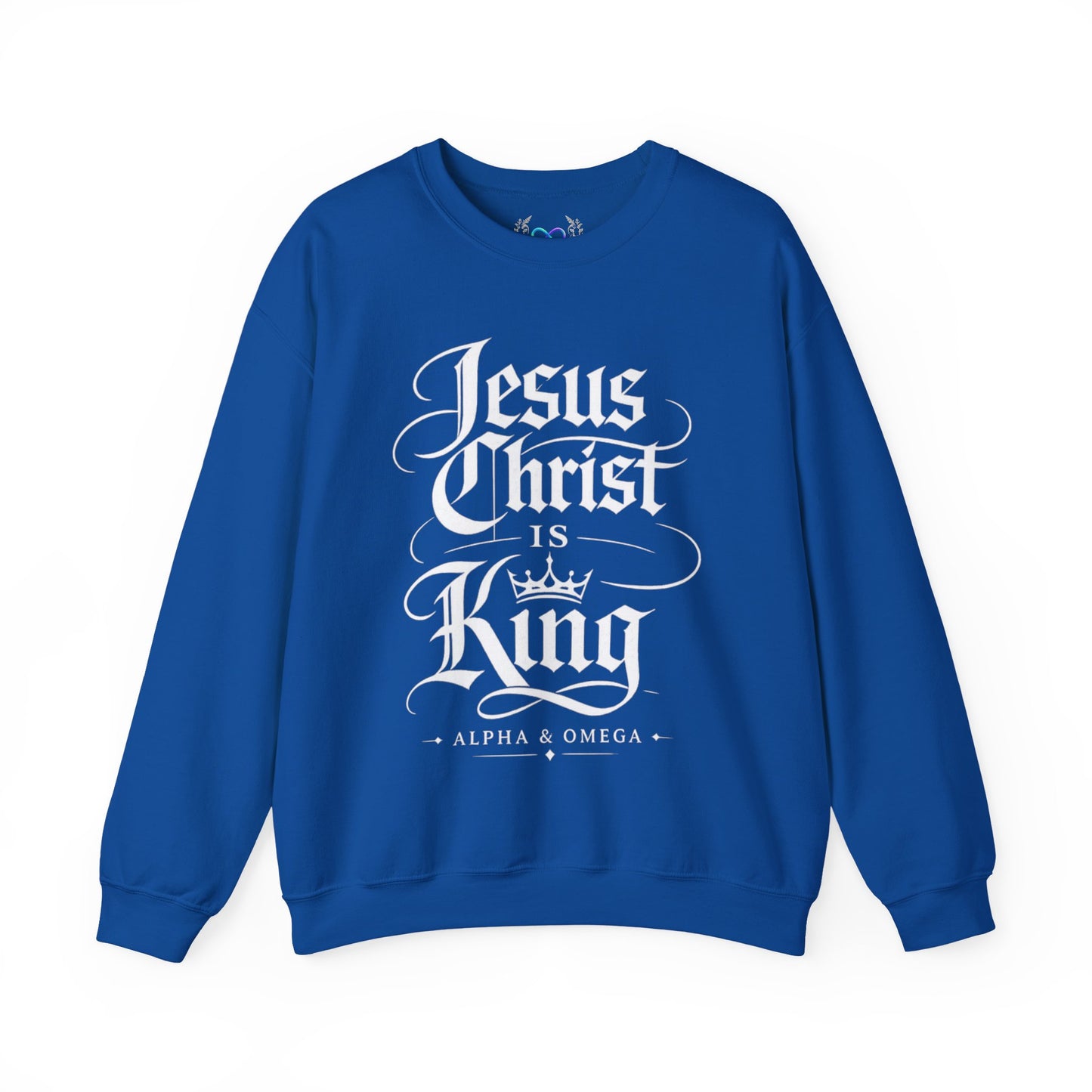 Jesus Christ Is King Crewneck Sweatshirt — Christian Faith Graphic Pullover (Alpha & Omega)