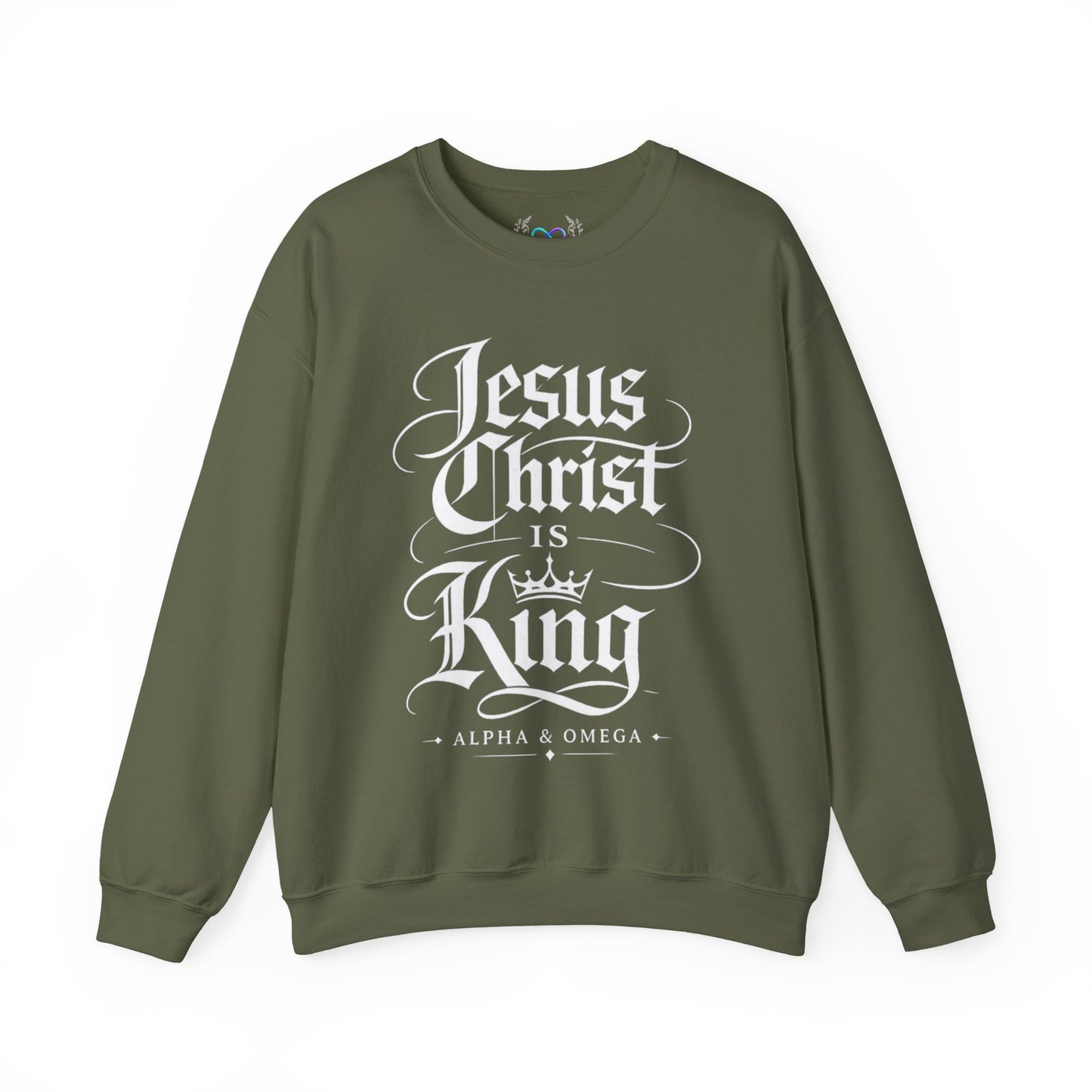 Jesus Christ Is King Crewneck Sweatshirt — Christian Faith Graphic Pullover (Alpha & Omega)