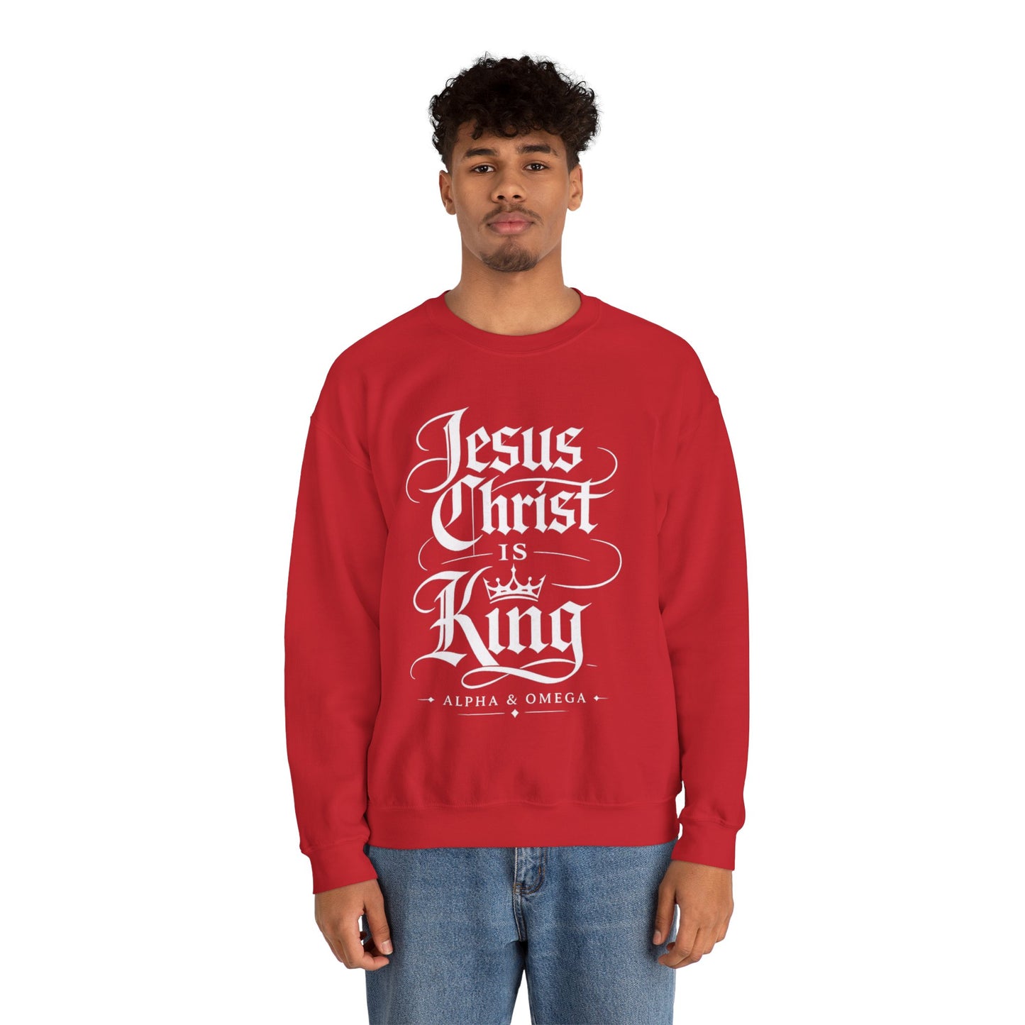 Jesus Christ Is King Crewneck Sweatshirt — Christian Faith Graphic Pullover (Alpha & Omega)