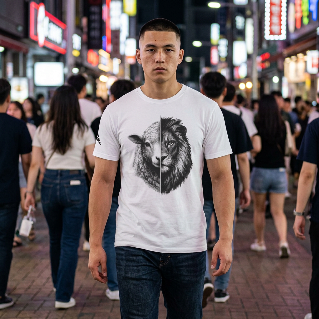 Lion and Lamb Half-Face T-Shirt — Duality (Faith & Strength)