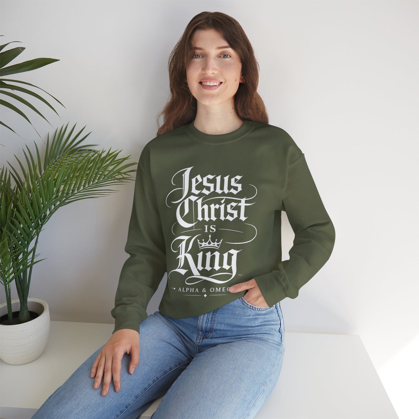 Jesus Christ Is King Crewneck Sweatshirt — Christian Faith Graphic Pullover (Alpha & Omega)