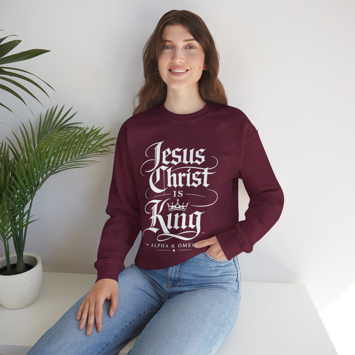 Jesus Christ Is King Crewneck Sweatshirt — Christian Faith Graphic Pullover (Alpha & Omega)