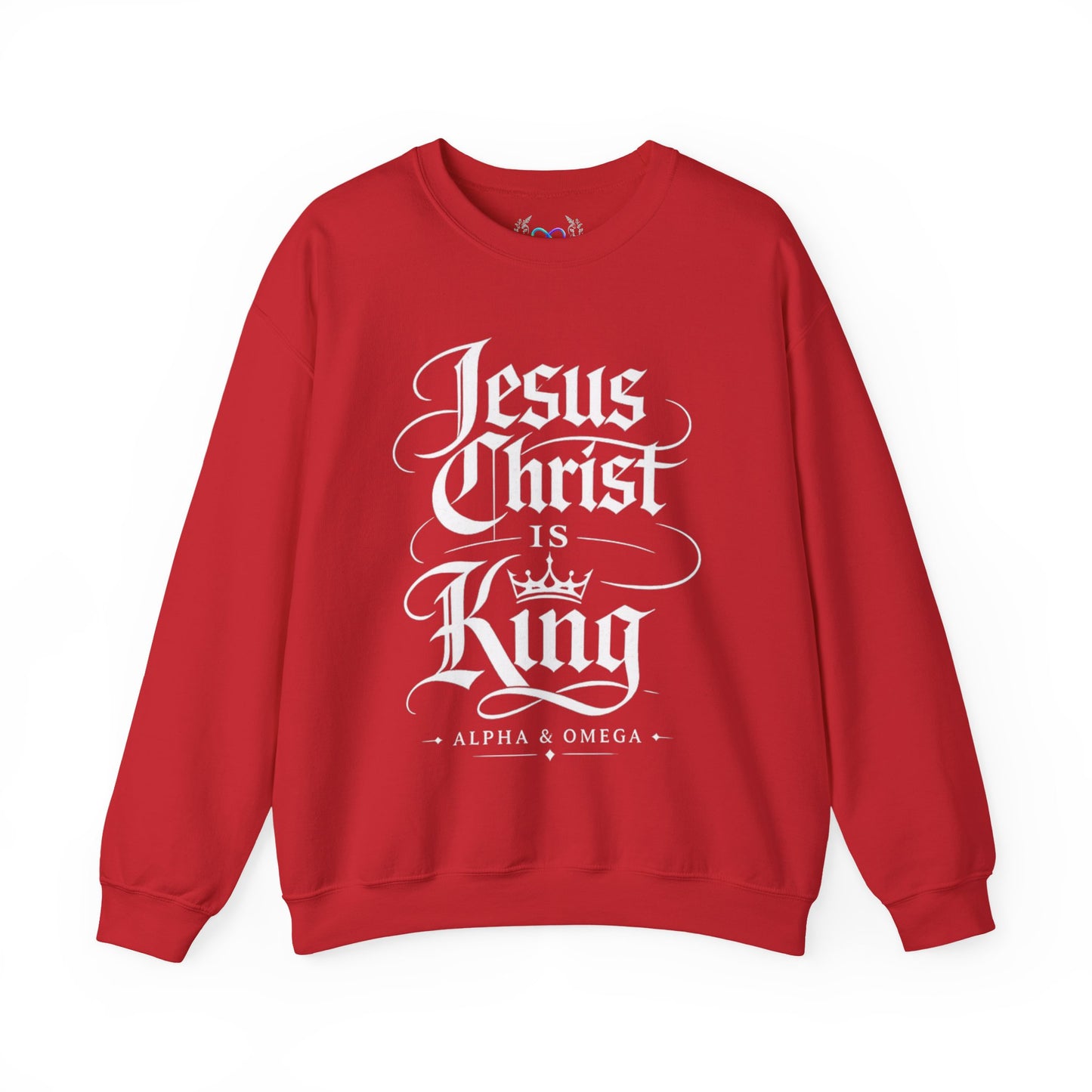 Jesus Christ Is King Crewneck Sweatshirt — Christian Faith Graphic Pullover (Alpha & Omega)