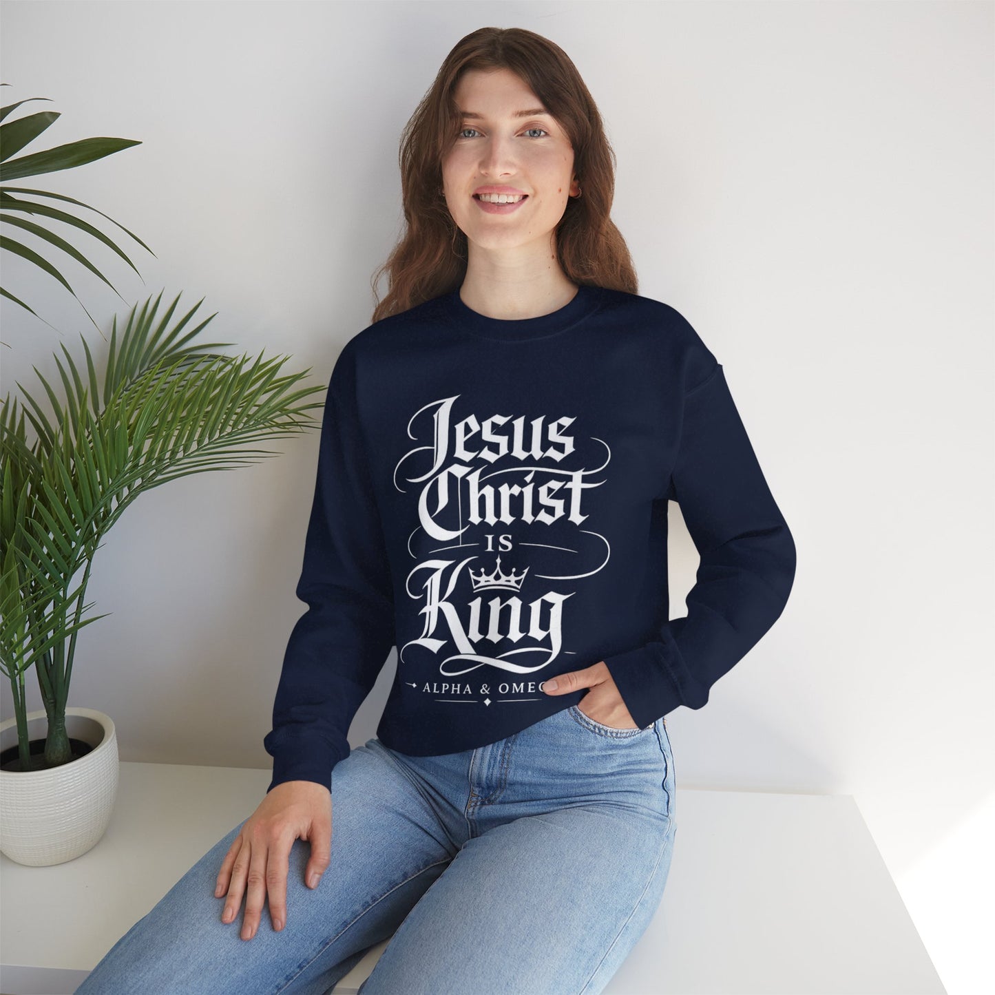 Jesus Christ Is King Crewneck Sweatshirt — Christian Faith Graphic Pullover (Alpha & Omega)