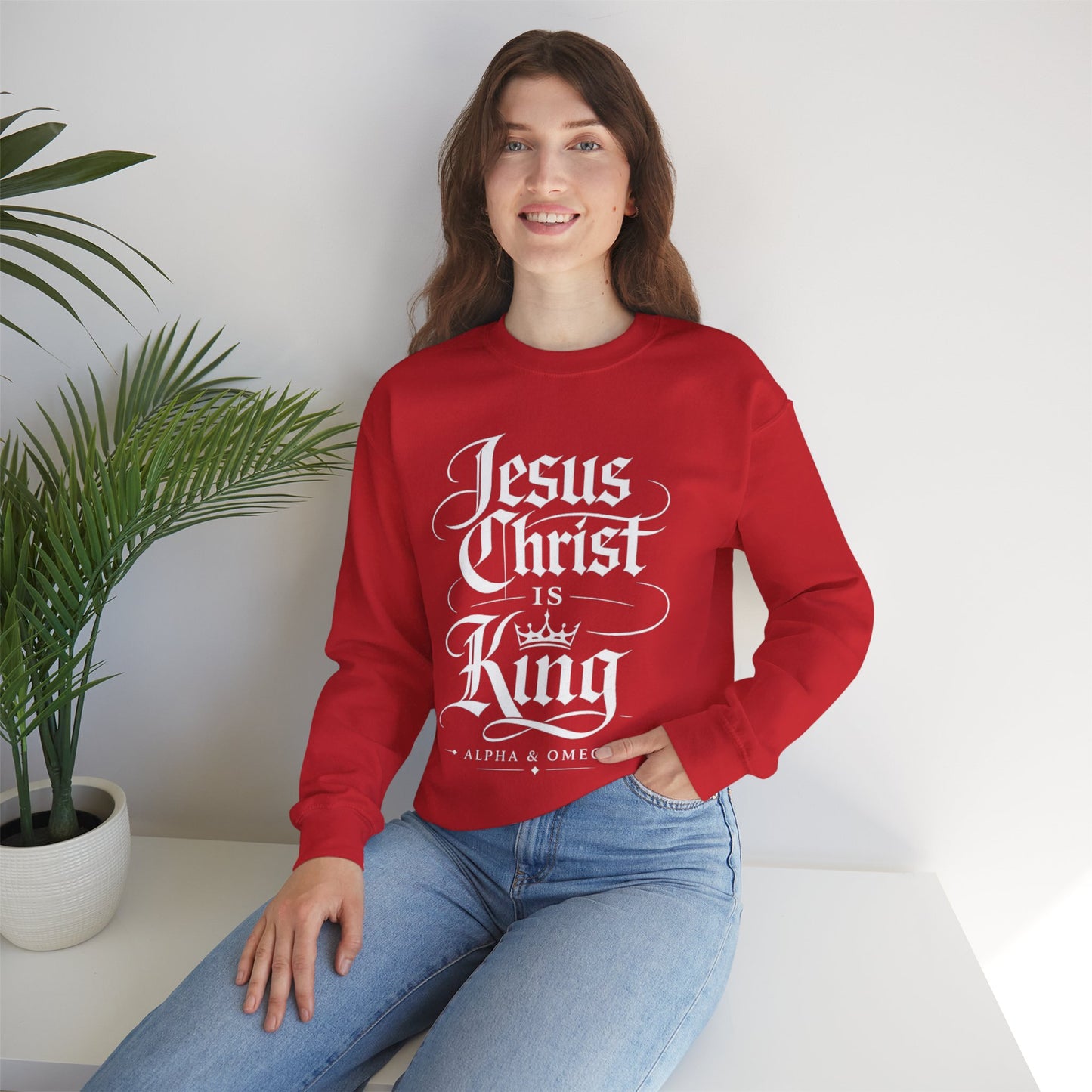 Jesus Christ Is King Crewneck Sweatshirt — Christian Faith Graphic Pullover (Alpha & Omega)