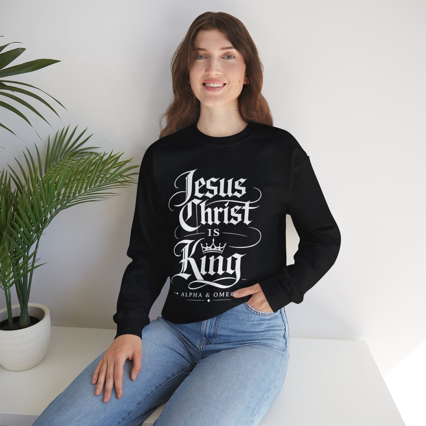 Jesus Christ Is King Crewneck Sweatshirt — Christian Faith Graphic Pullover (Alpha & Omega)