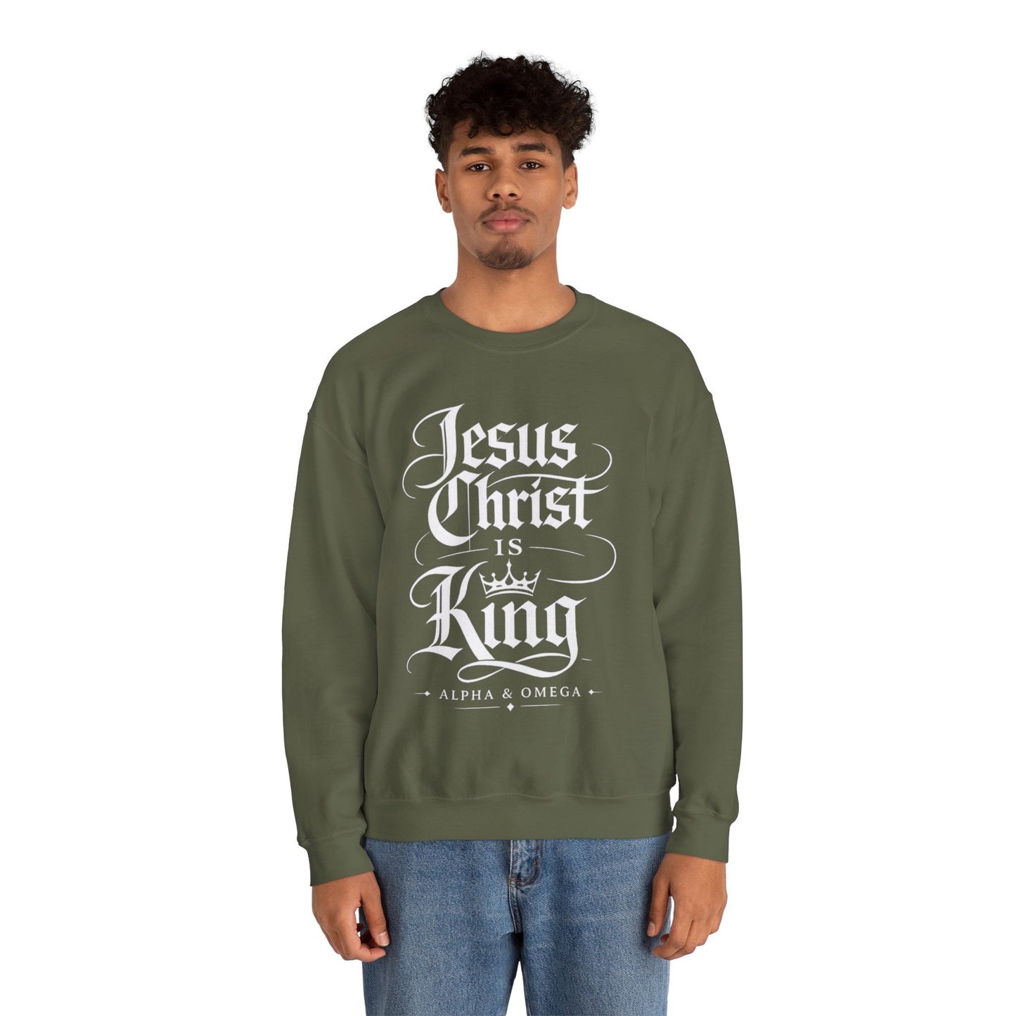 Jesus Christ Is King Crewneck Sweatshirt — Christian Faith Graphic Pullover (Alpha & Omega)