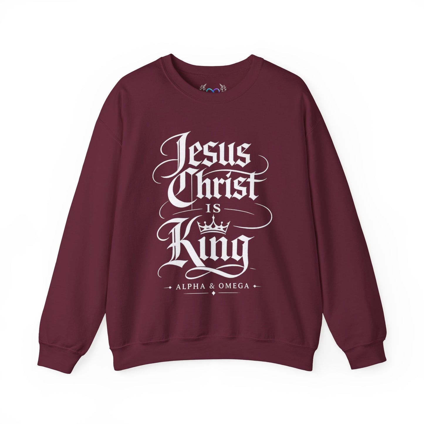 Jesus Christ Is King Crewneck Sweatshirt — Christian Faith Graphic Pullover (Alpha & Omega)