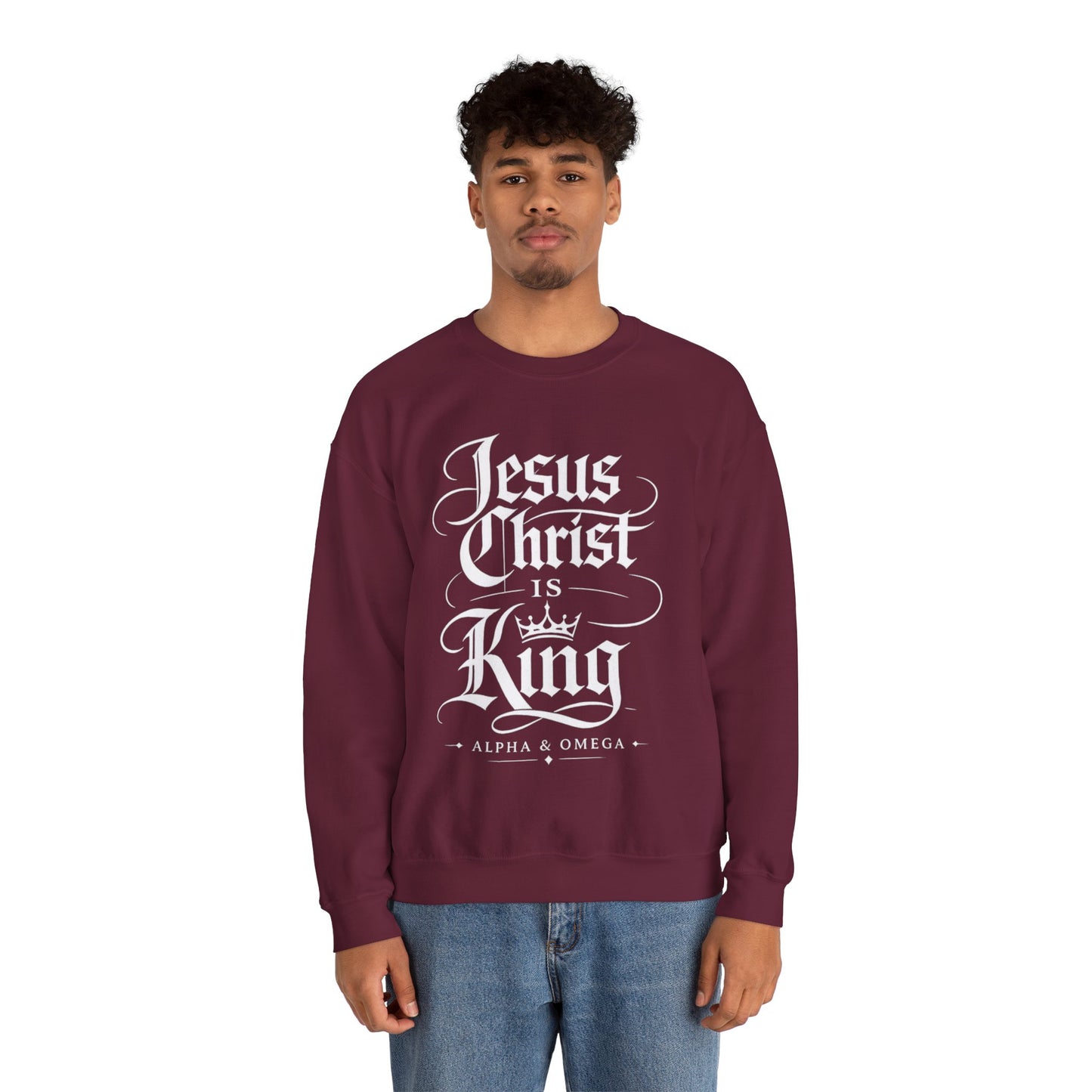 Jesus Christ Is King Crewneck Sweatshirt — Christian Faith Graphic Pullover (Alpha & Omega)